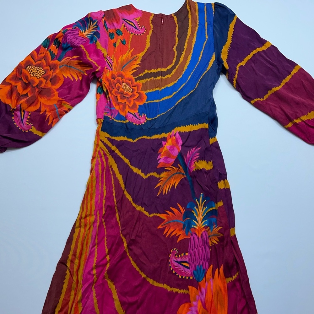 FARM Rio Floral Midi Dress Size XS Long Sleeve Vibrant Red Orange Blue Viscose - Picture 14 of 16